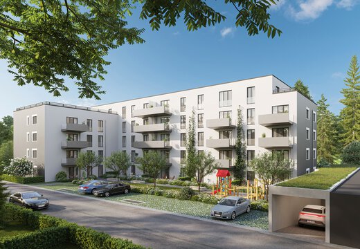 Bauprojekt Neutraubling Quartier Neutraubling Vorderansicht Haus mit Parkplatz