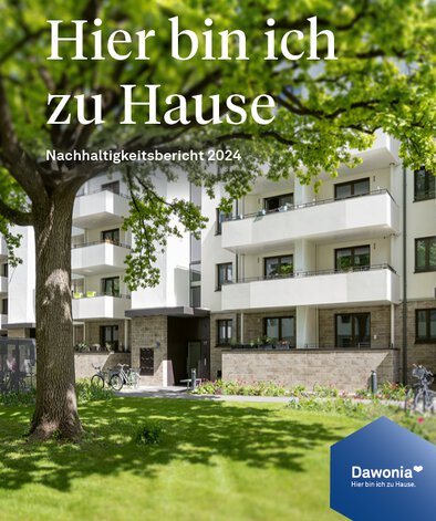 Titelbild für den Dawonia Nachhaltigkeitsbericht 2024 mit dem Text: Hier bin ich zu Hause und dem Dawonia Logo