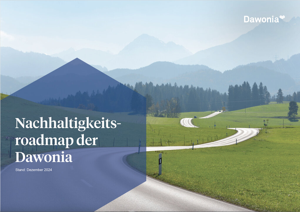 Das ist ein Titelbild, das die "Nachhaltigkeits-roadmap der Dawonia" ankündigt. Die visuelle Metapher der Straße, die sich durch die Landschaft schlängelt, passt hervorragend zum Konzept einer "Roadmap" (Fahrplan), die einen Weg oder eine Entwicklung darstellt.