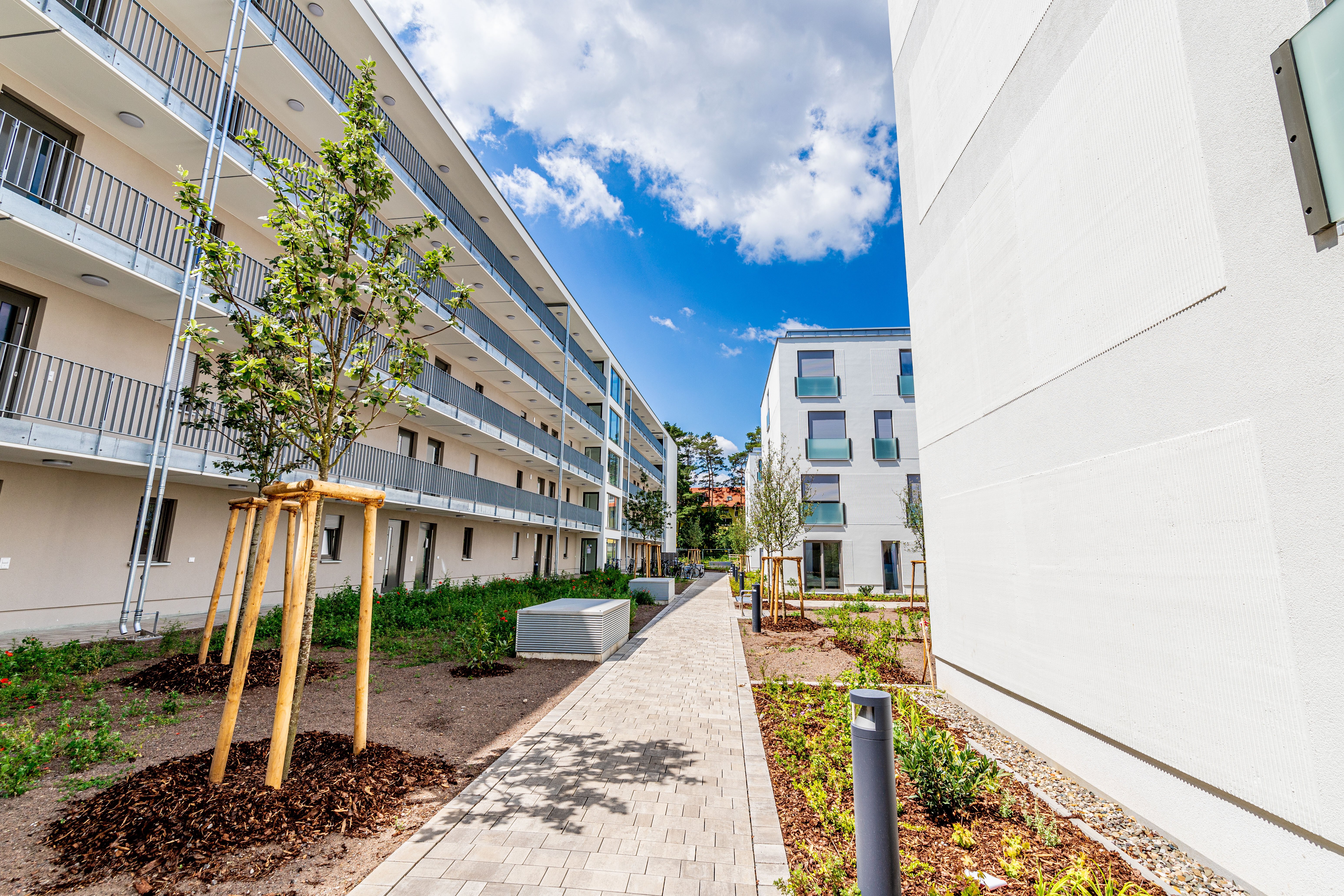  Ein moderner Fußweg führt zwischen zwei weißen Mehrfamilienhäusern mit Balkonen hindurch. Entlang des Weges und der Gebäude sind junge Bäume und bepflanzte Beete zu sehen.