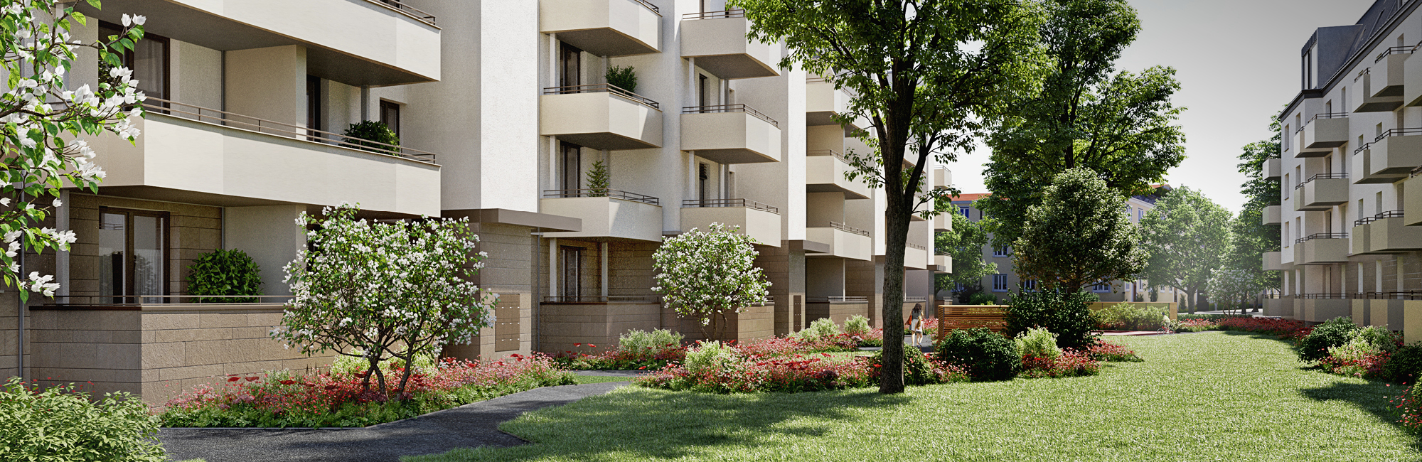 Ein renderingartiges Bild zeigt eine Reihe moderner, hellbeiger Wohngebäude mit vielen hellen Balkonen. Davor erstreckt sich eine Grünfläche mit Bäumen und bepflanzten Beeten.