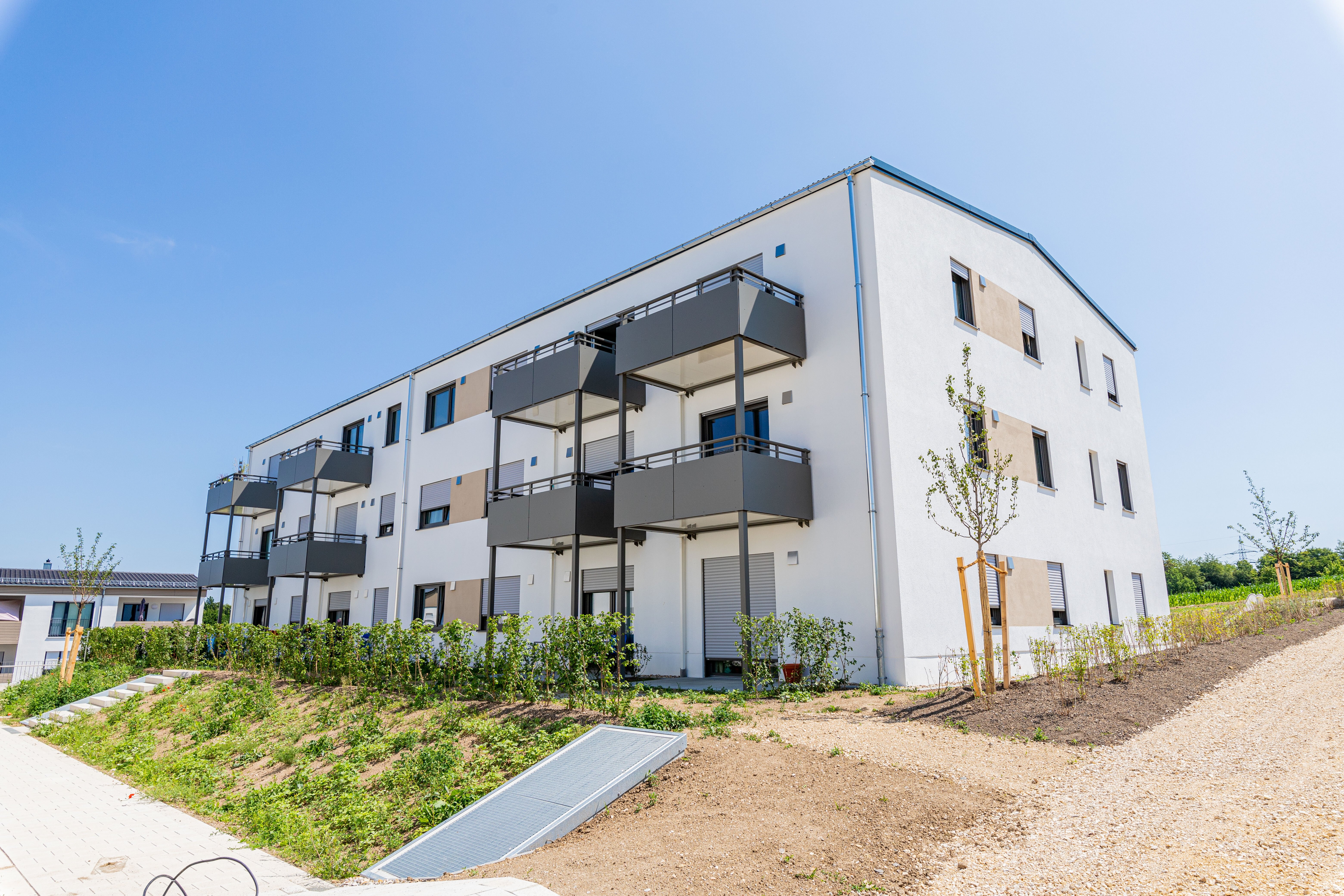 Ein modernes, weißes Mehrfamilienhaus mit dunklen Balkonen und Fensterläden steht auf einem leicht ansteigenden Gelände. Vor dem Gebäude führt ein Weg nach oben, daneben befindet sich junge Bepflanzung.