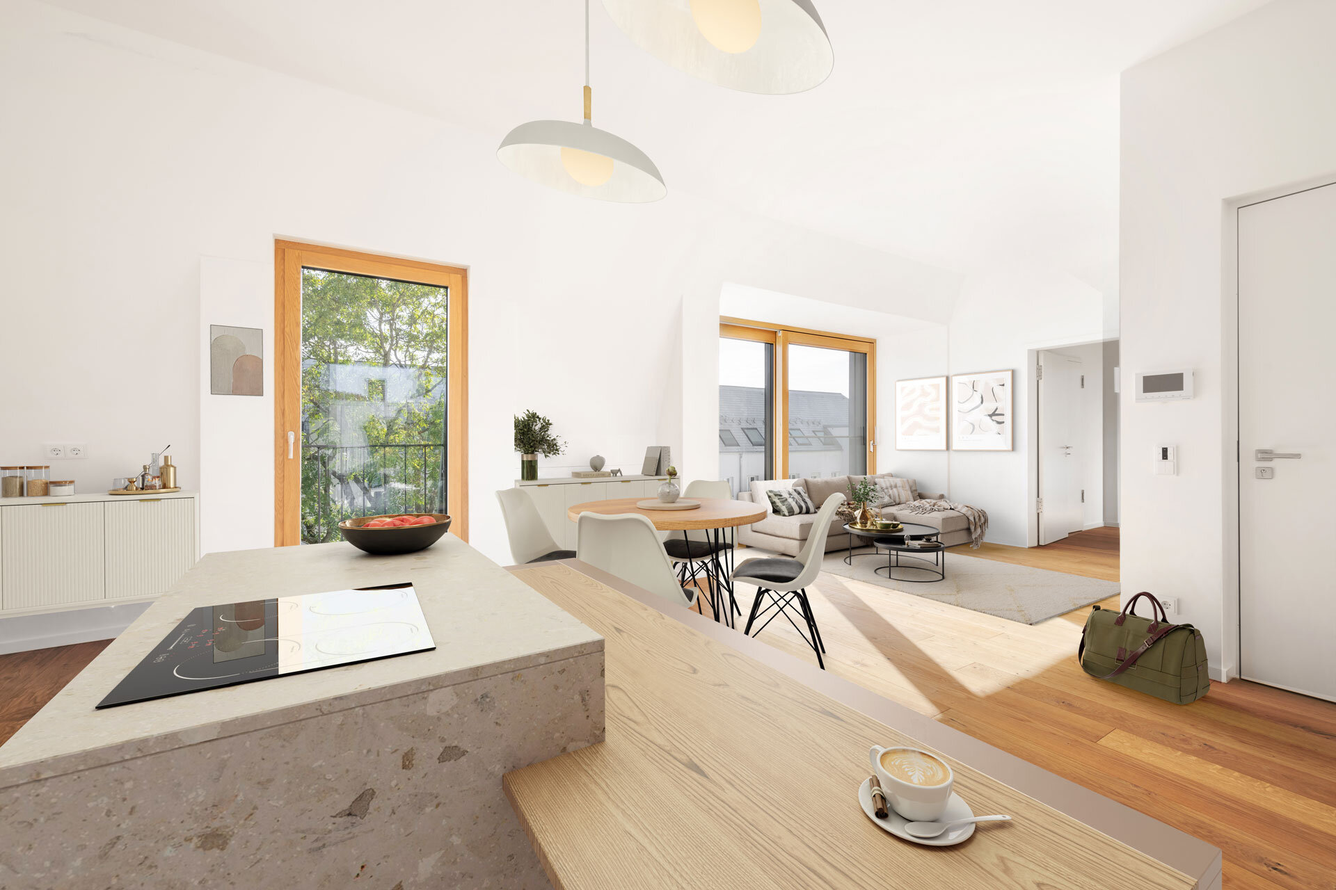 Eingangsbereich der modernen Wohnung mit zentraler Kochinsel, Küchentisch und Loungeecke