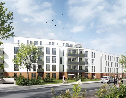 Neubau Objekt Außenansicht mit weißer Fassade, bodentiefen Fenstern, Balkonen und Tiefgarage