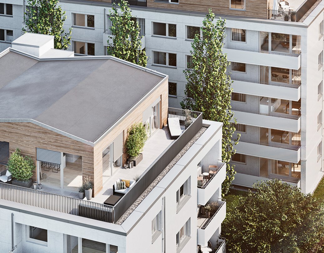 Kaufobjekt Lola in der Maxvorstadt: Blick von oben auf Dachgeschosswohnung mit Dachterrasse