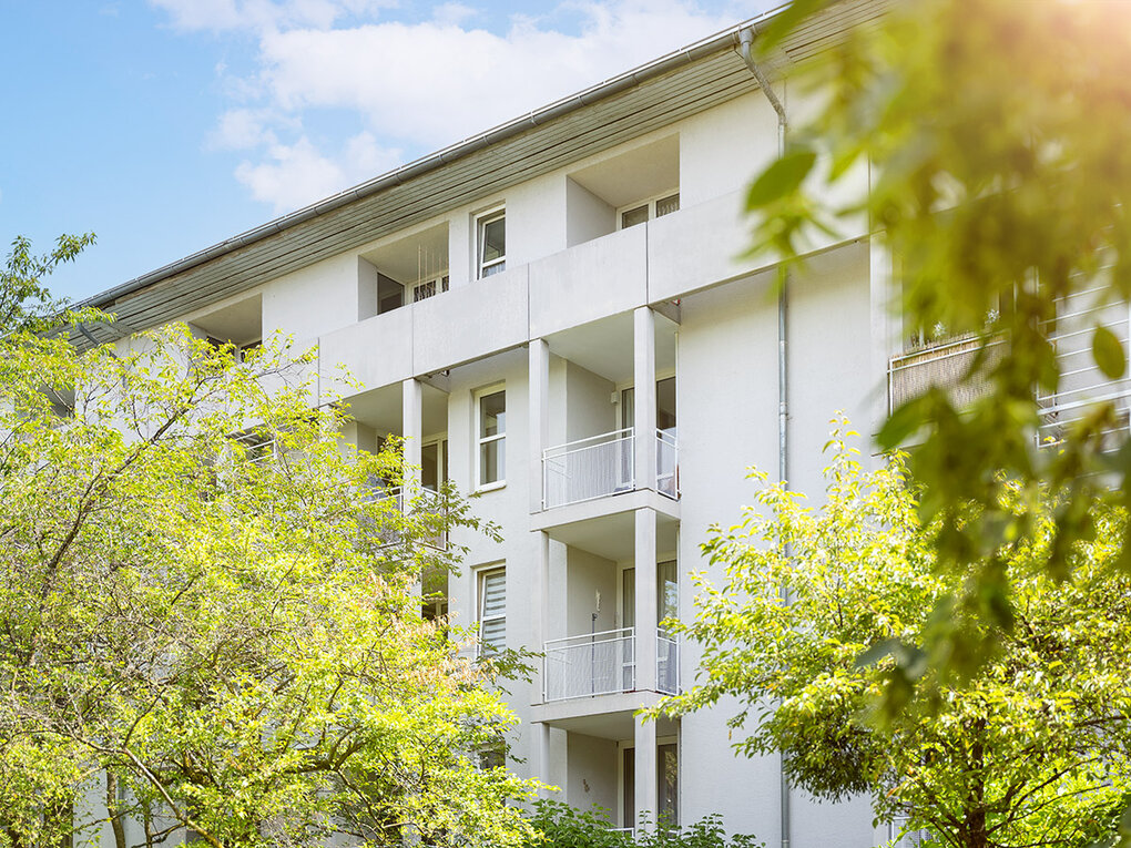 Blick auf das Wohngebäude mit weißer Fassade und Balkonen auf jeder Etage umgeben von hohen Laubbäumen 