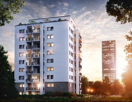 Uptown25 in Moosach: Außenansicht des sehr modernen Wohngebäudes mit Balkonen und Penthouse Wohnung