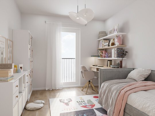 Ein Kinder- oder Jugendzimmer mit einem Einzelbett auf der rechten Seite. Links davon steht eine weiße Kommode mit mehreren Schubladen. Ein Schreibtisch mit Stuhl steht am Fenster, über dem sich schwebende Regale mit Büchern und Dekoration befinden. Der Raum ist hell und freundlich eingerichtet.